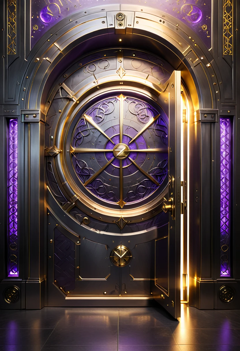 Create a mystical vault door with intricate, glowing tech runes etched into its metallic surface. The vault is slightly ajar, casting a warm golden light that highlights the advanced gadgets inside. Above the vault, place the text 'Z' in a flowing, elegant font that matches the magical aesthetic. Use a color scheme that includes deep purples, golds, and dark grays to convey a sense of mystery and high technology