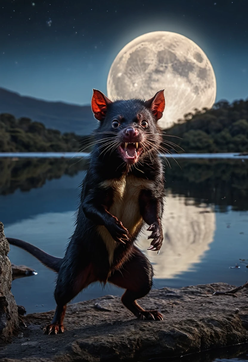 Tasmanian Devil, in attack position, forst, darkly, scared animals, fullmoon, lake reflecting the moon, 8k, 4D