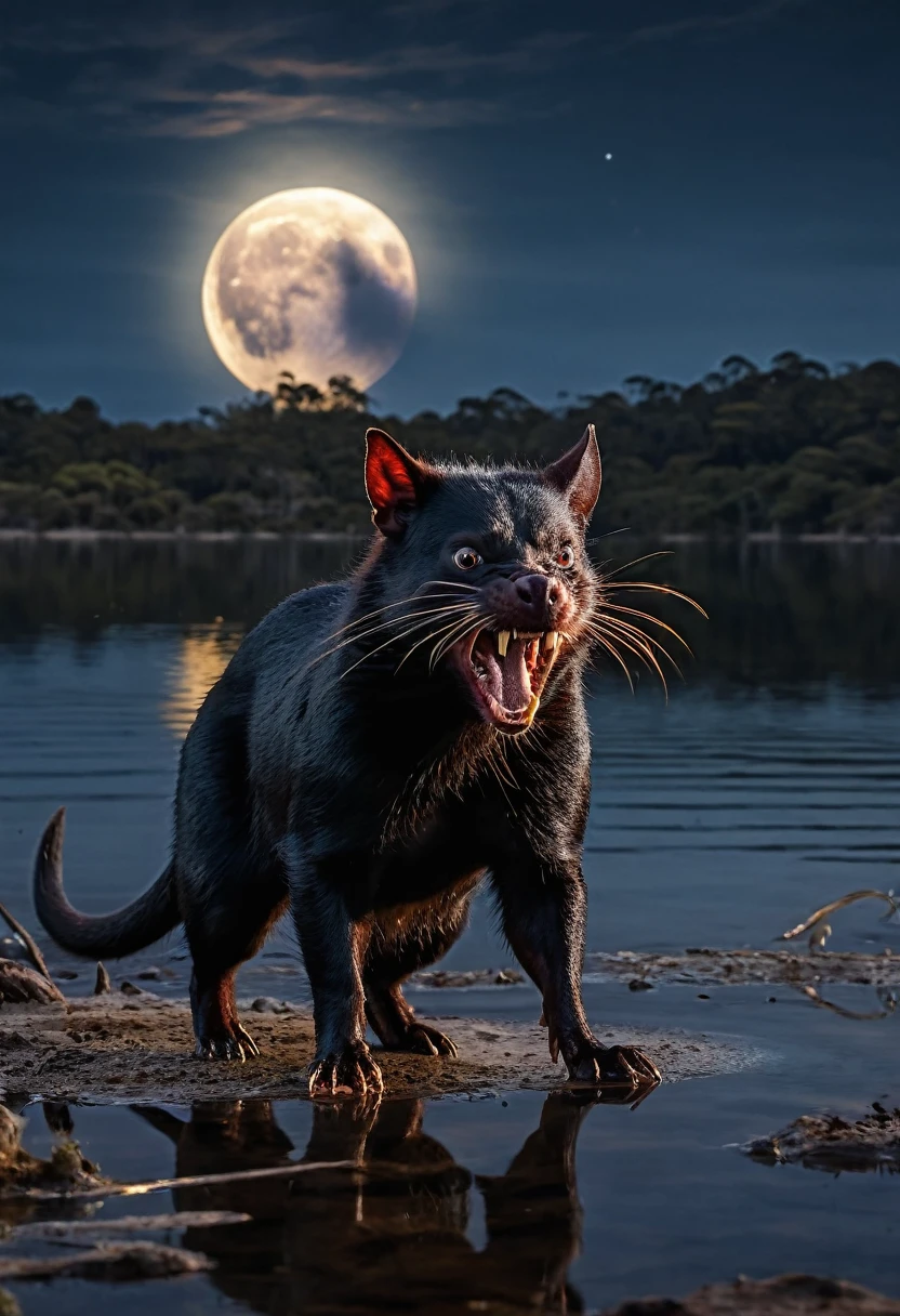 Tasmanian Devil, in attack position, forst, darkly, scared animals, fullmoon, lake reflecting the moon, 8k, 4D