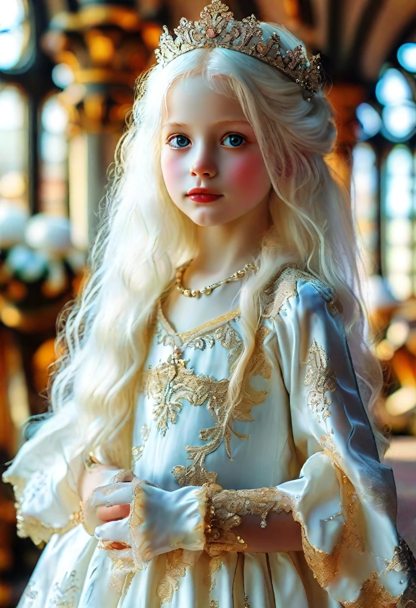 Fairytale Kingdom of Fantasia. In the bright white ivory tower. ((((10-year-old)) Childlike Empress)), little and beautiful girl, pale white skin, large golden eyes. ((long white hair)). She wears a princess gown of pure white. ((Determined expression, smile))