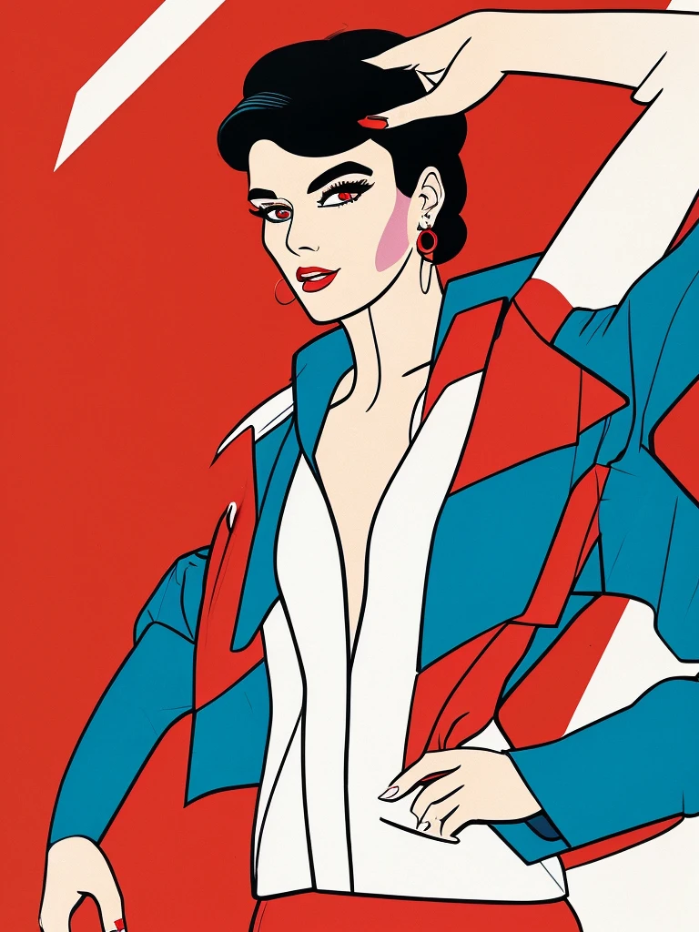 score_9, score_8, score_7,A stunning illustration ((Patrick Nagel Style)) dark-haired goddess, dressed in 1980s womens fashion, open jacket, open shirt red, a beauty pinup art style, graphic design, flat colours, white skin no shadows, 2 or 3 colour palette, background 1 flat colour. Portrait Style.
