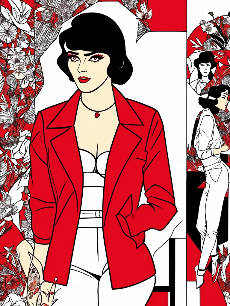 score_9, score_8, score_7,A stunning illustration ((Patrick Nagel Style)) dark-haired goddess, dressed in 1980s womens fashion, open jacket, open shirt red, a beauty pinup art style, graphic design, flat colours, white skin no shadows, 2 or 3 colour palette, background 1 flat colour. Portrait Style.
