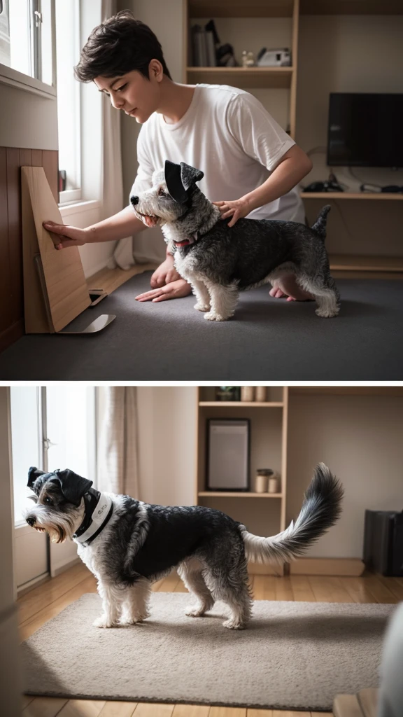 Pekipoo「Scalpel」The story is about a boy who is dumped by a flirty schnauzer because he is fat. Generate this image Don't change the main character in 3D style