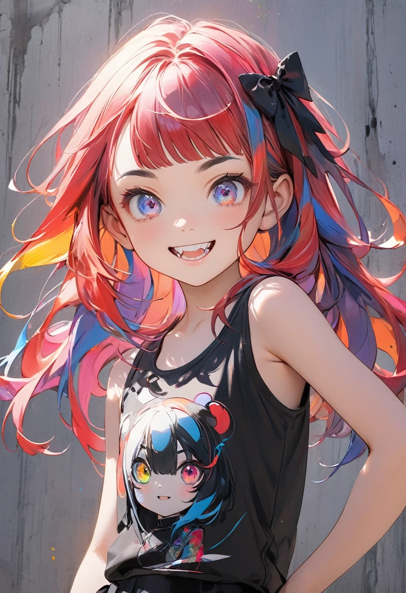 ((Masterpiece)), ((best quality)), (sketch:0.3), (RAW photo:1.2), (High Definition:1.3), (Professional Photography:1.3), (sharp focus), (perfect light), (()), cute young Girl, Glossy unruly hair, (loose blunt bangs), colorful hair, long hair, big eyes, (long eyelashes), ((Thin and short eyebrows)), colorful eyes, (cute smile), open mouth, jagged teeth, joy, (cute tanktop), barearms, cute, (place hand to hip), (colorful:1.3), gothic makeup, (simple concrete background),