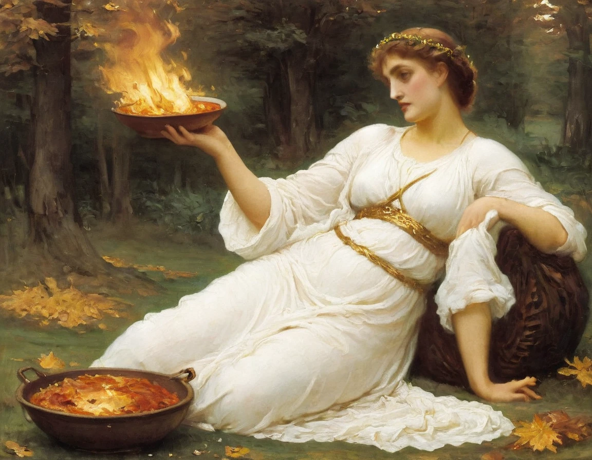 arafed woman in a white dress holding a bowl of fire, ledmund leighton, portrait of celtic goddess diana, goddess of autumn, the goddess hestia, pre-raphaelite oil painting, preraphaelite, portrait of a priestess, preraphaelite style, the goddess of autumn harvest, persephone as goddess of death, by Alexandre Cabanel