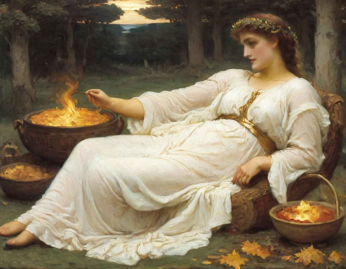 arafed woman in a white dress holding a bowl of fire, ledmund leighton, portrait of celtic goddess diana, goddess of autumn, the goddess hestia, pre-raphaelite oil painting, preraphaelite, portrait of a priestess, preraphaelite style, the goddess of autumn harvest, persephone as goddess of death, by Alexandre Cabanel