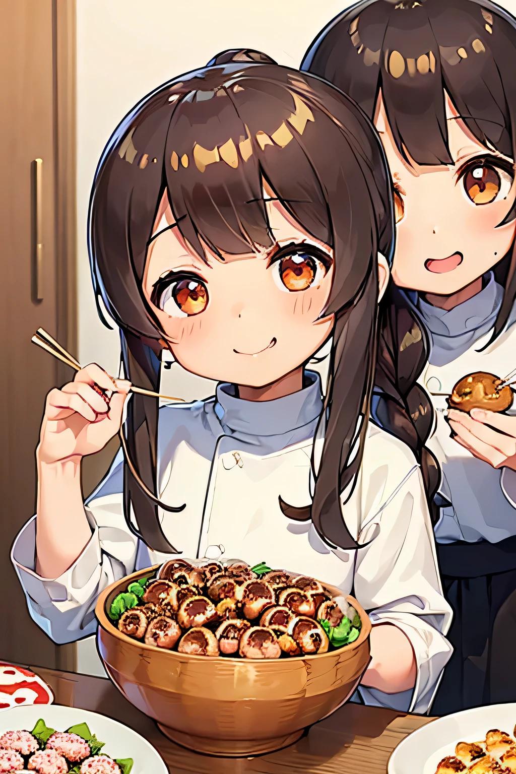 Highest quality、High resolution、Detailed Background、(Beautiful face in every detail:1.4)、Anatomically correct、(Hide your fingers:1.2)、(Detailed facial expressions)、Teenage beauty、Highly detailed face、Brown Hair、Black Hair、Braided Ponytail、Braided bob cut、Cute hairstyle、In a joking manner、A fun atmosphere、A big smile、smile、cute gesture、
(Girls enjoying takoyaki with friends at home:1.5)、
I feel excited and happy.、Enjoying takoyaki with friends、
A lively house after school、My friends came together、Let's all start preparing、
Put the takoyaki maker on the table、Choose your favorite ingredients、While talking happily、Let's all bake together、
Tomato Onion Bell pepper、Chiu, Mentaiko, Cheese、Second-rate々And the takoyaki is complete.、「delicious!」"、Add your favorite sauce、Let's all smile and stuff our cheeks、As the conversation flows、A fun time flows、cute