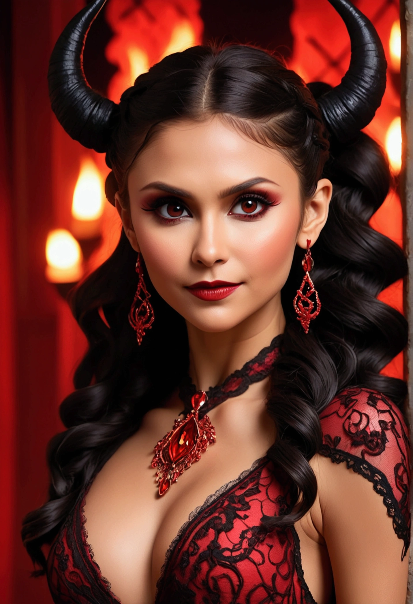 Full body shot Nina Dobrev devil, ringlets wavy five feet long black hair, updo hairstyle with ponytail on one side and long hairpins holding the bun long braid, strong thighs, dark red glossy lips, heavy red eye shadow long red eyeliner, long sharp claws, red lace beautiful and creative devil bodysuit, huge cleavage, devil horns, no earrings, no earrings, no earrings, no jewels, beautiful forehead lace ornament, posing in a feminine devil hell, happy expression, red ambience night time fire lights. No faces on her chest!