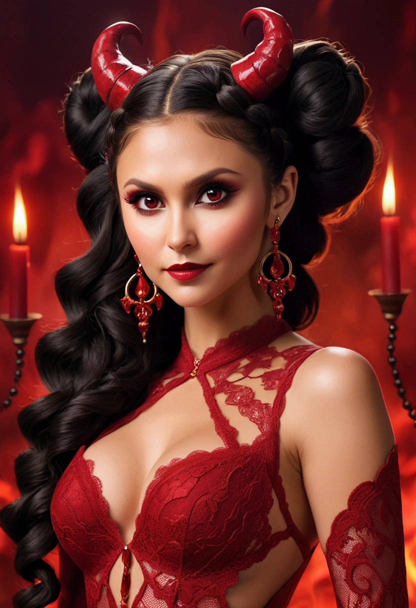 Full body shot Nina Dobrev devil, ringlets wavy five feet long black hair, updo hairstyle with ponytail on one side and long hairpins holding the bun long braid, strong thighs, dark red glossy lips, heavy red eye shadow long red eyeliner, long sharp claws, red lace beautiful and creative devil bodysuit, huge cleavage, devil horns, no earrings, no earrings, no earrings, no jewels, beautiful forehead lace ornament, posing in a feminine devil hell, happy expression, red ambience night time fire lights. No faces on her chest!