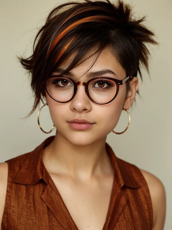 (masterpiece, Best quality:1.2), ung tomboy girl, 22, One, Russian chubby brown-eyed girl in glasses with aesthetic small breasts and beautiful erect nipples, Beautiful realistic eyes, round face, round cheeks, small round chin, wide cheekbones, beautiful proportional small wide nose, Plump lips, closed mouth, expressive brown eyes, long eyelashes, glasses with lenses, A little crazy look, sparkle in the eyes, spiky tousled dark brown tousled slightly wavy short hair, hair combed into a mohawk, highlighting individual strands of hair in fiery orange color, realistic highlighting, (stylish linen sundress), I don&#39;t wear a bra because it&#39;s hot, I don&#39;t wear panties because it&#39;s hot, beautiful muscular arms, Graceful fingers, velvety skin, full body portrait, high quality human skin textures, realistic hair, Beautiful face, Ideal Anatomy, realistic textures, maximum realism of clothing textures, realistic glasses with distorting lenses, medium shot(photograph from a distance of several meters), free pose, medium shot 