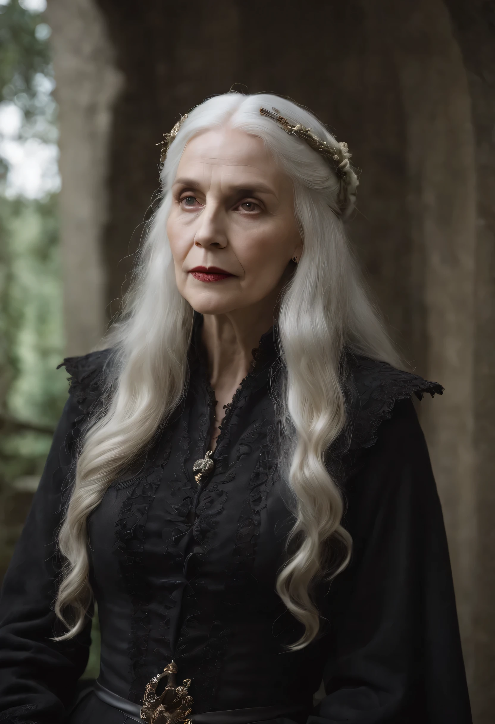A wise, worn-out witch with long white hair, sitting on a velvet-covered Cardelou chair, with a majestic Sonystr Raven perched on his shoulder.
mystic atmosphere, Muted colours, charming composition, Canon EOS R5 camera, Fujifilm Pro 400H film, 85mm lens, softfocus, Guillermo del Toro, Tim Burton •, Terry Gillingham, Alexandre McQueen, Vivienne Westwood