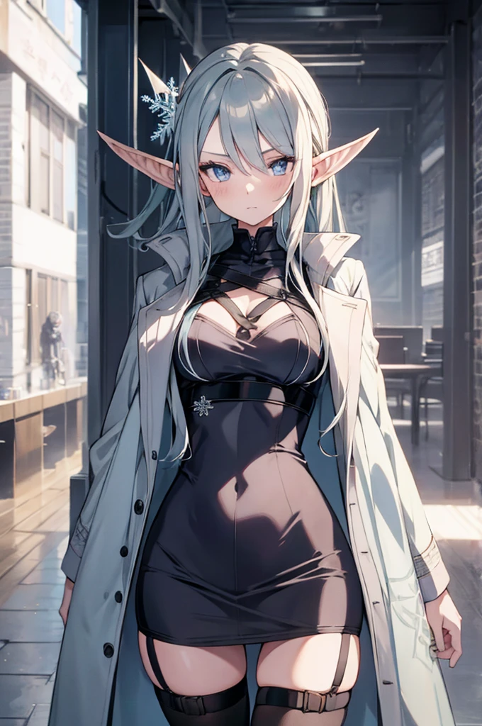 1 girl, silver hair, high elf,blue eyes, ice witch, cold, Ice fragments,Snowflake hair ornament,wallpaper, high contrast, colorful, anime style,whole body,light gray coat