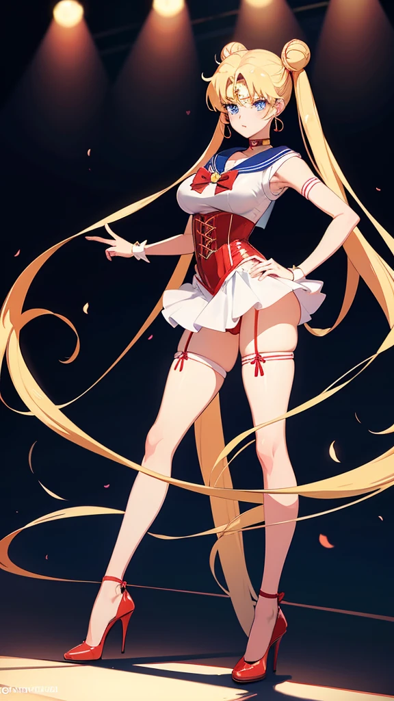 Sailor Moon anime character, adult woman, blond hair, blue eyes, long hair with two buns, heart shaped face with a red corset, red thong and high heels on a catwalk with an audience in the background