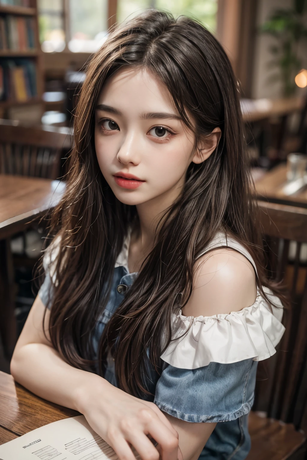 In detail, High resolution, In 8K、Brown Hair,Photorealism, Tabletop, Wavy Hair, Open your mouth, Very detailed, Off the shoulder,1 girl