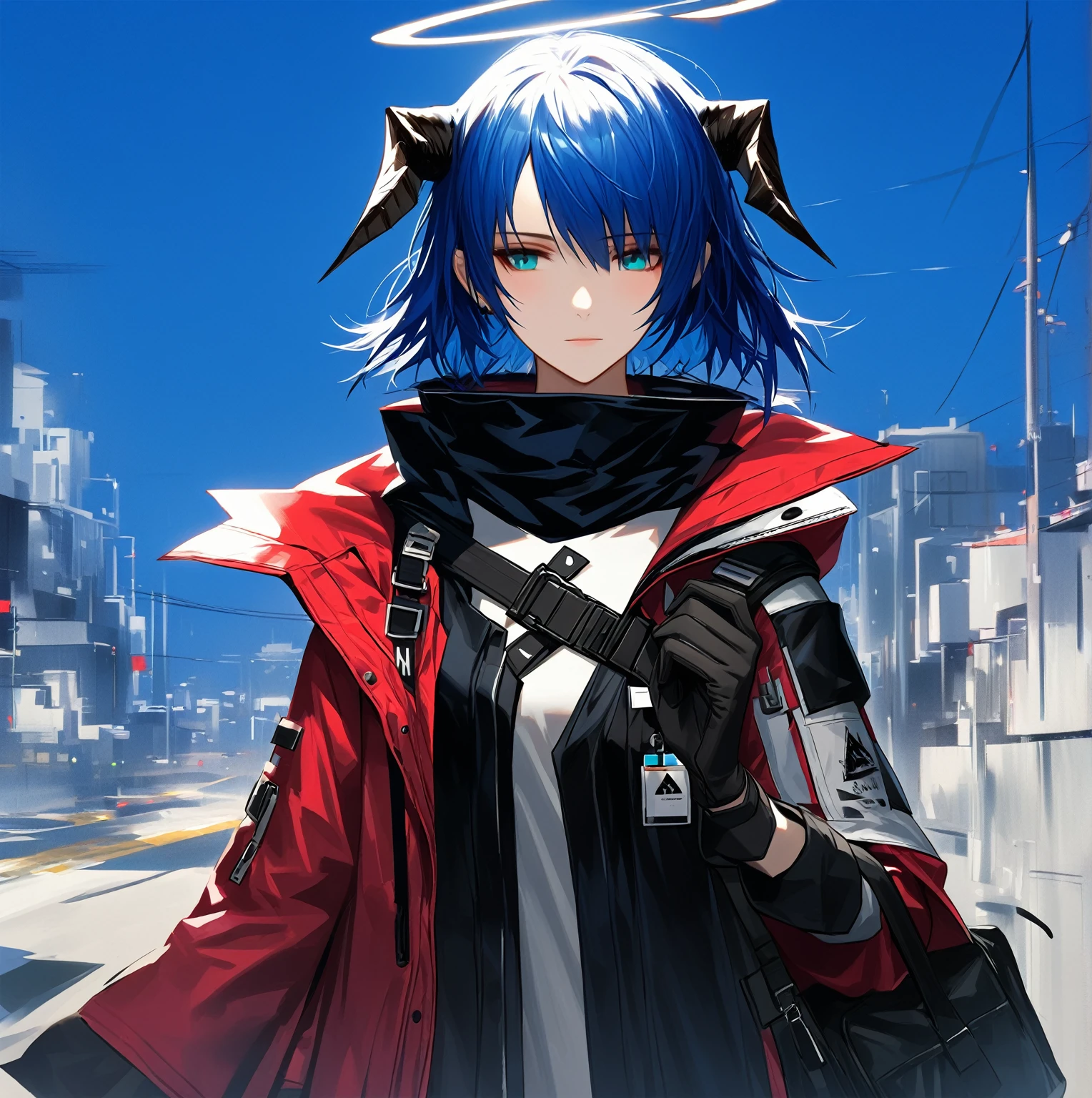 (woman), ((Mostima from arknights)), masterpiece, best quality, blue hair, ((short hair)), horns, plain white shirt, red fullbody coat, dark blue eyes, realistic anime style, faint smile, ((portrait)), black gloves, carring a bag, halo.