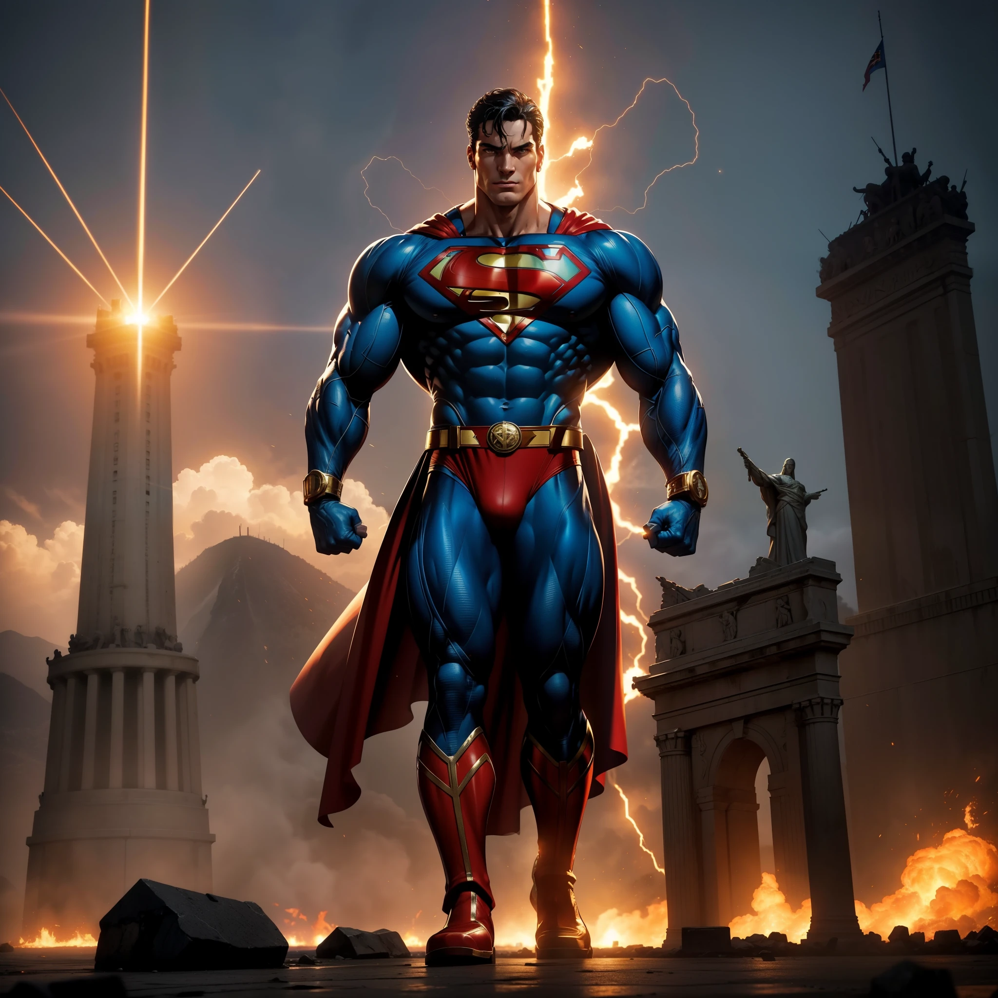 Image of muscular DC COMICS Superman, human body, human anatomy, holding a big dumbbell with his right hand, left hand closed, costume identical to that of DC COMICS, with cyborg details, showing full body, perfect face, perfect boots, laser beams coming out from your eyes, highly detailed, super definition, 8k, showing the statue of Christ the Redeemer in the city of Rio de January in flames. Cinematic image.