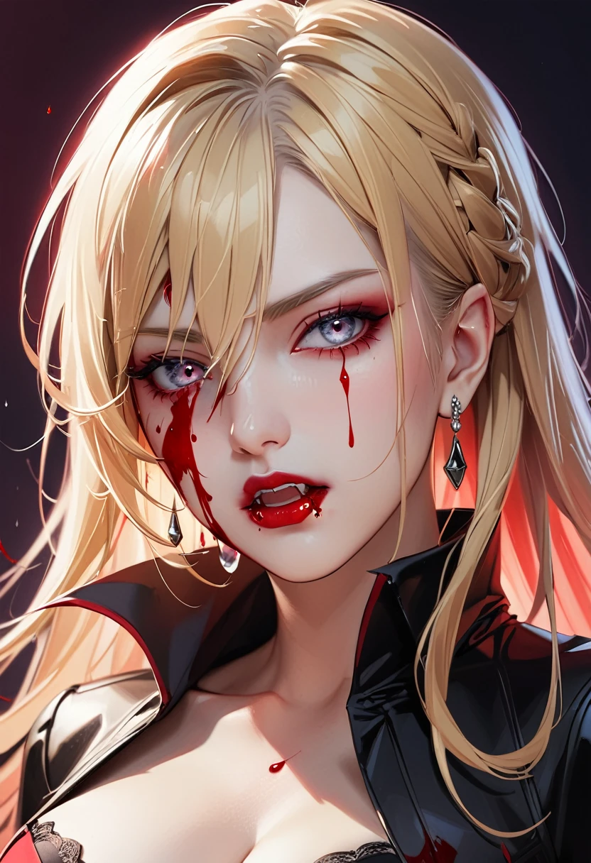 aa portrait of vampire with a bloody tear coming down from he eye, an exotic beautiful female vampire, blond hair color, dynamic hair style, ultra detailed face, best detailed face, (silver eyes: 1.3), ((1single red teardrop: 1.3)), ((tear drop made from blood)), ((teardrop coming down from the eye: 1.3)), small cleavage, wearing two black diamond earrings, Ultra-high resolution, High Contrast, (masterpiece:1.5), highest quality, Best aesthetics), 16K fantasy art, best details, best quality, highres, (ultra wide angle: 1.2), 16k, [ultra detailed], masterpiece, best quality, (extremely detailed), ladyshadow, magical sky, crying style, vampire teeth, realistic anime art style