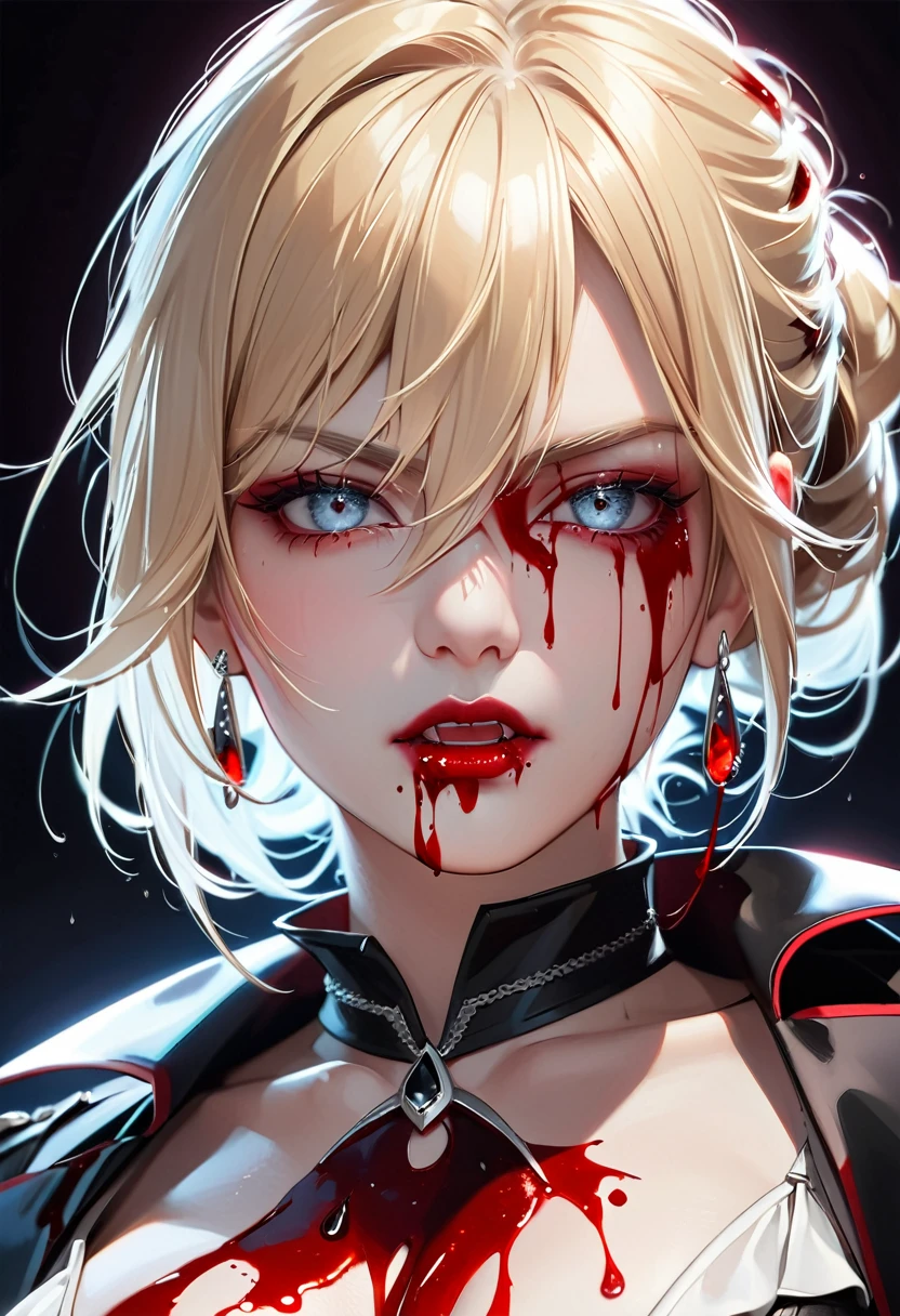 aa portrait of vampire with a bloody tear coming down from he eye, an exotic beautiful female vampire, blond hair color, dynamic hair style, ultra detailed face, best detailed face, (silver eyes: 1.3), ((1single red teardrop: 1.3)), ((tear drop made from blood)), ((teardrop coming down from the eye: 1.3)), small cleavage, wearing two black diamond earrings, Ultra-high resolution, High Contrast, (masterpiece:1.5), highest quality, Best aesthetics), 16K fantasy art, best details, best quality, highres, (ultra wide angle: 1.2), 16k, [ultra detailed], masterpiece, best quality, (extremely detailed), ladyshadow, magical sky, crying style, vampire teeth, realistic anime art style