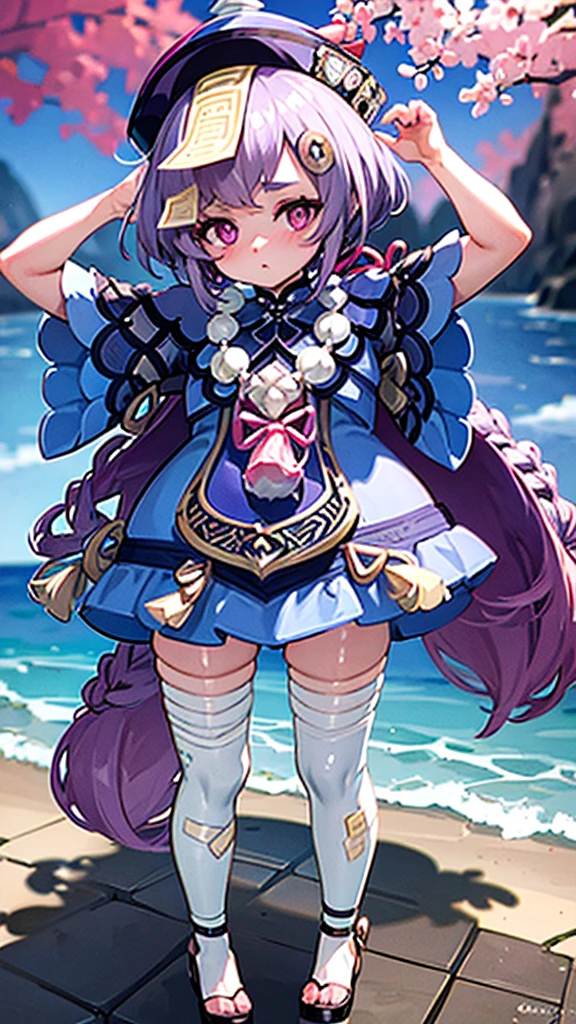 Naked, smoll stature, purple eyes, purple hair, short hair, beach