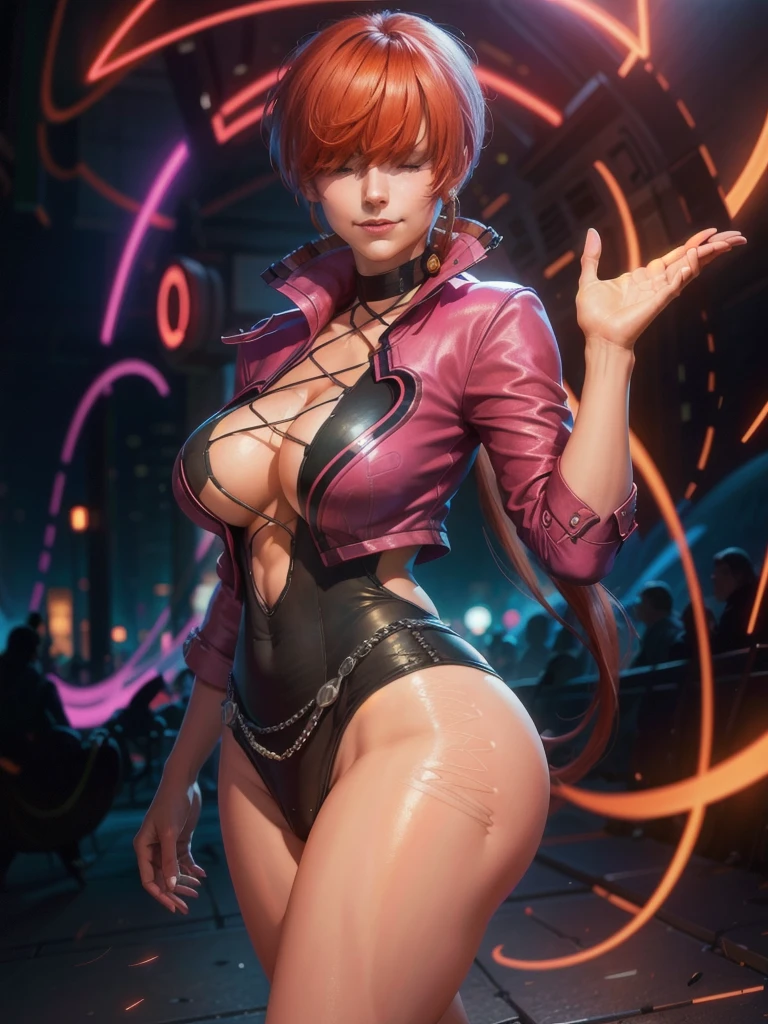 (at night), in a video game scene with a neon background and a neon light, standing at attention, pink suit, pink jacket, choker, neckline, cut of clothing, earrings, has long bangs in her hair that covers eyes ((hair over eyes)), 1 girl, 20 years old, young woman, beautiful finger, beautiful long legs, beautiful body, beautiful nose, beautiful character design, perfect face, looking at the viewer (focusing on her face), closed mouth, Light_Smile, official art, extremely detailed CG unity 8k wallpaper, perfect lighting, bright and colorful front lighting, glowing skin, (masterpiece: 1.0), (best_quality: 1.0), ultra high resolution, 4K, ultra photography detailed, 8K, HDR, high resolution, absurdities:1.2, Kodak portra 400, film grain, blurred background, bokeh:1.2, lens flare, (vibrant_color:1.2), professional photography, (Beautiful, breasts: 1.4), ( beautiful_face: 1.5 ), (narrow waist),