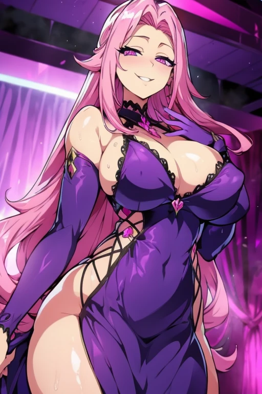 Perfect face. Perfect hands. A pink haired woman with violet eyes and an hourglass figure in a sexy dress is posing in a sexy dress in a club with a big smile