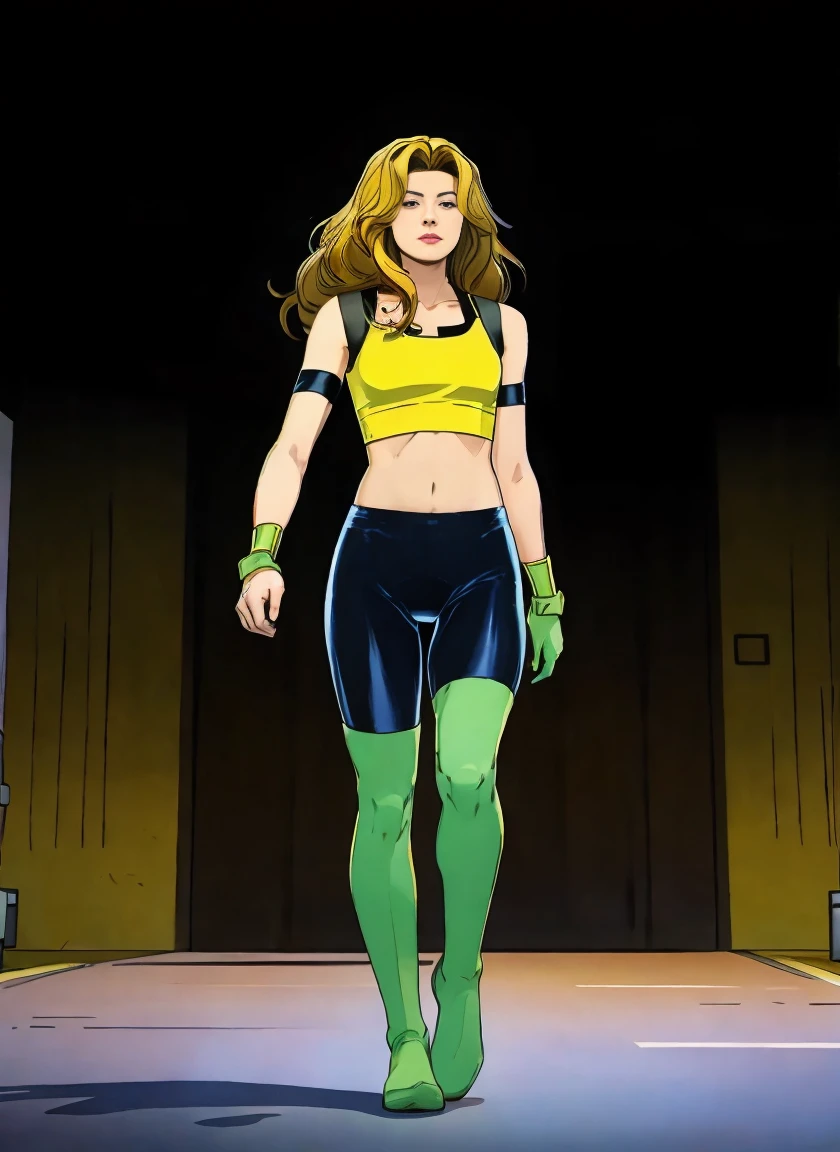((Full body shot, standing, feet on the ground)) Rogue, X-Men, (best quality, 4k, 8k, high resolution, cyclist body, masterpiece: 1.2), ultra-detailed, (realistic, photorealistic, photorealistic: 1.37), full body photo, yellow high boots, voluminous hair, beauty pose, standing, show feet, outside, city roof at night, green bandana