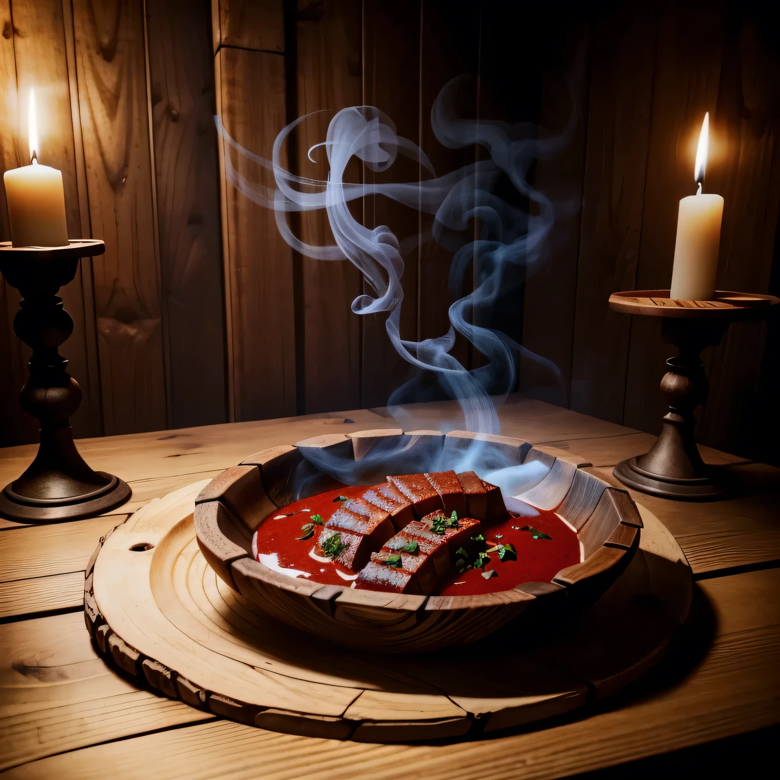 a dish made with dragon parts , with spices, very appetizing, in a medieval tavern, on a ::wooden plate, ::rustic, magic red smoke, ::smoke