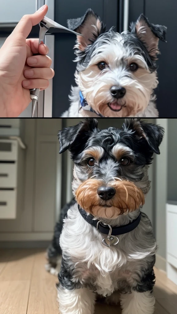 Pekipoo「Scalpel」The story is about a boy who is dumped by a flirty schnauzer because he is fat. Generate this image Don't change the main character, just like Pixar.