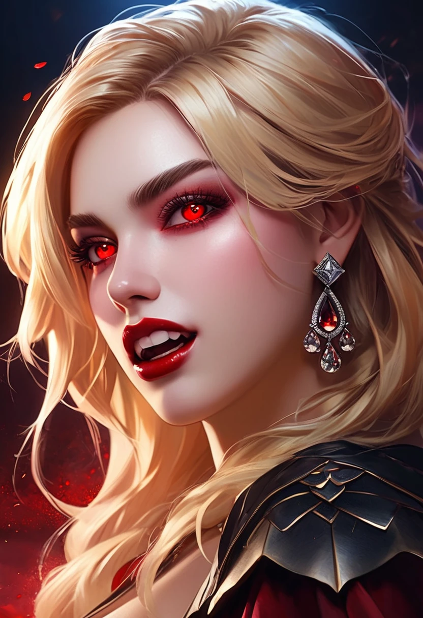 aa portrait of vampire with a bloody tear coming down from he eye, an exotic beautiful female vampire, blond  hair color, dynamic hair style, ultra detailed face, best detailed face, (silver eyes: 1.3), ((1single red teardrop: 1.3)), ((tear drop made from blood)), ((teardrop coming down from the eye: 1.3)), small cleavage, wearing two black diamond earrings, Ultra-high resolution, High Contrast, (masterpiece:1.5), highest quality, Best aesthetics), 16K fantasy art, best details, best quality, highres, (ultra wide angle: 1.2), 16k, [ultra detailed], masterpiece, best quality, (extremely detailed), ladyshadow, magical sky, crying style, vampire teeth