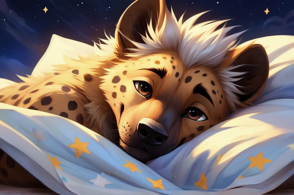 masterpiece,hyena,male,,Solitary,Delicate eyes,Brown eyes,cat,kitty,Pure white background,Cartoon style,White hair,Facing the camera,Smile,sleep,Covered with a blue quilt with a star pattern,Less details