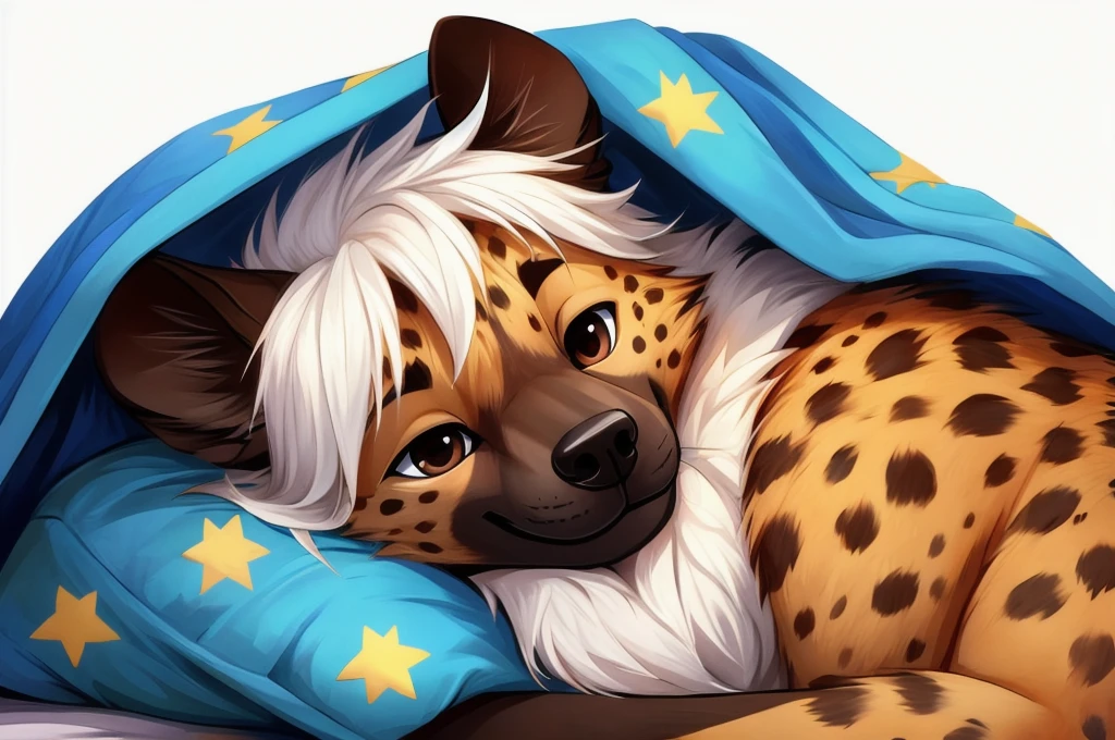 masterpiece,hyena,male,,Solitary,Delicate eyes,Brown eyes,cat,kitty,Pure white background,Cartoon style,White hair,Facing the camera,Smile,sleep,Covered with a blue quilt with a star pattern,Less details