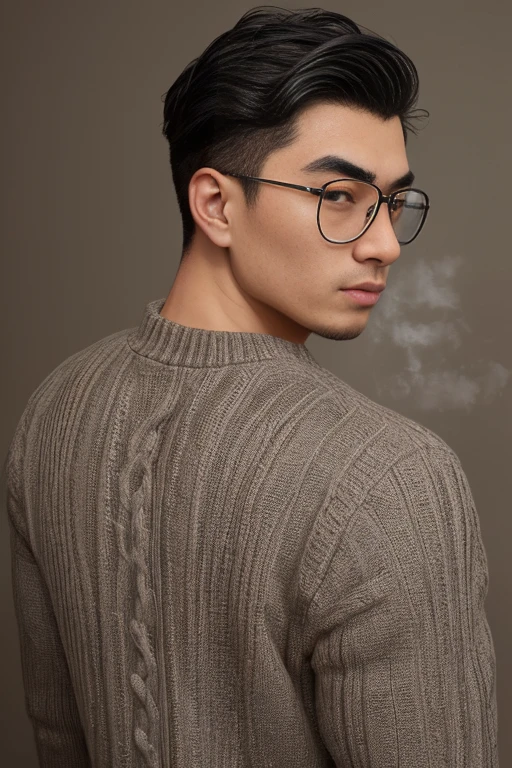 Asian man, handsome, short black hair swept back styled with hairspray, transparent lenses, wearing a sweater tied behind the back, old money style