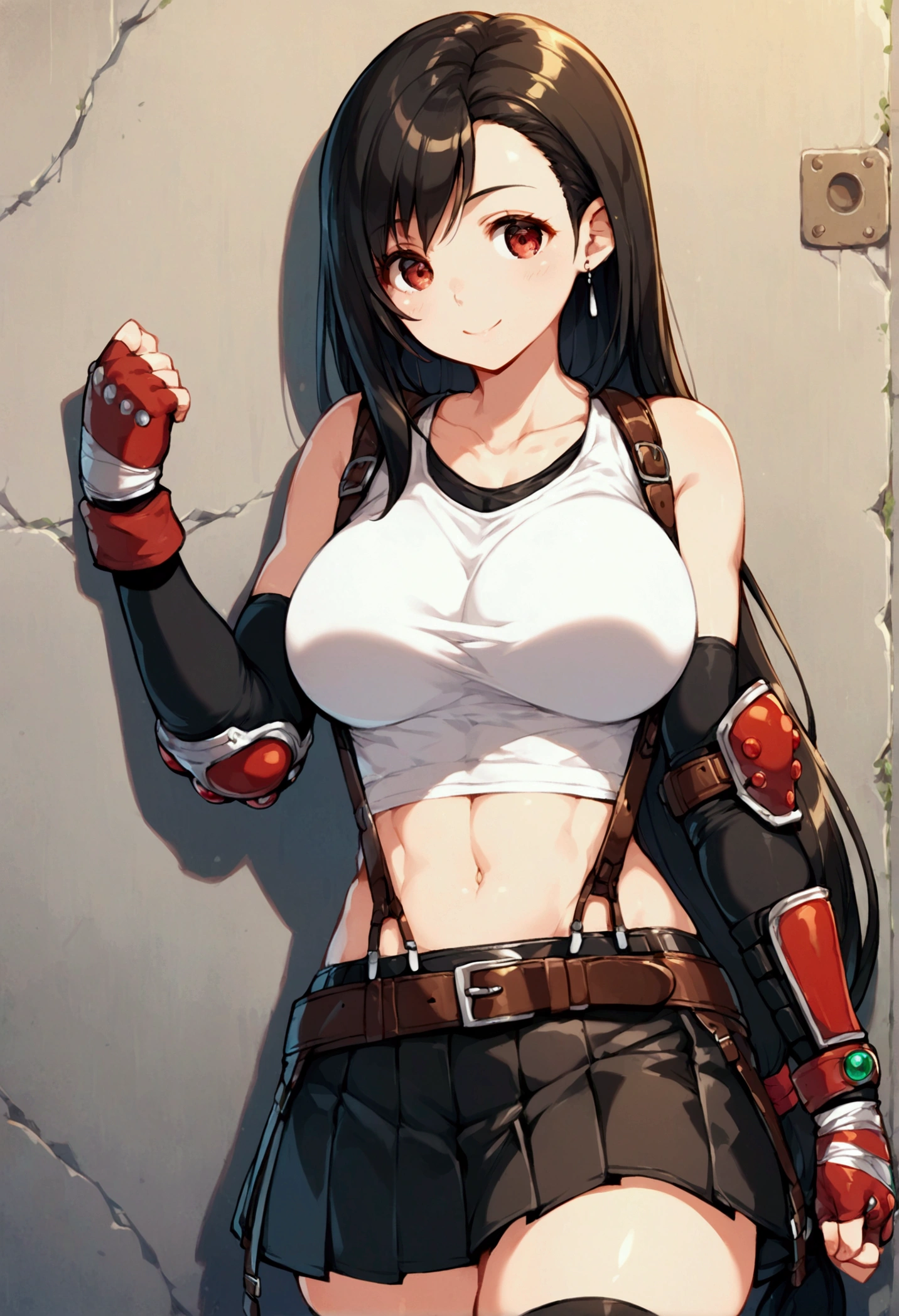 (score_9, score_8_up, score_7_up),,BREAK , ,dynamicangle,,breast focus,,standing,leaning on wall. upperbody,,Solo ,1girl, tifa lockhart, final fantasy, tareme,black hair, low-tied long hair, red eyes, bangs, (white tank top, belt, pleated skirt, thighhighs, elbow fingerless gloves, elbow pads, midriff, navel,suspender skirt) ,(large_breast),(light smile),daytime,outdoor,(ultra detailed),(best quality),(aesthetic,very aesthetic),UHD,extremely detailed CG unity 8k wallpaper,depth of field,,,detailed face and eyes