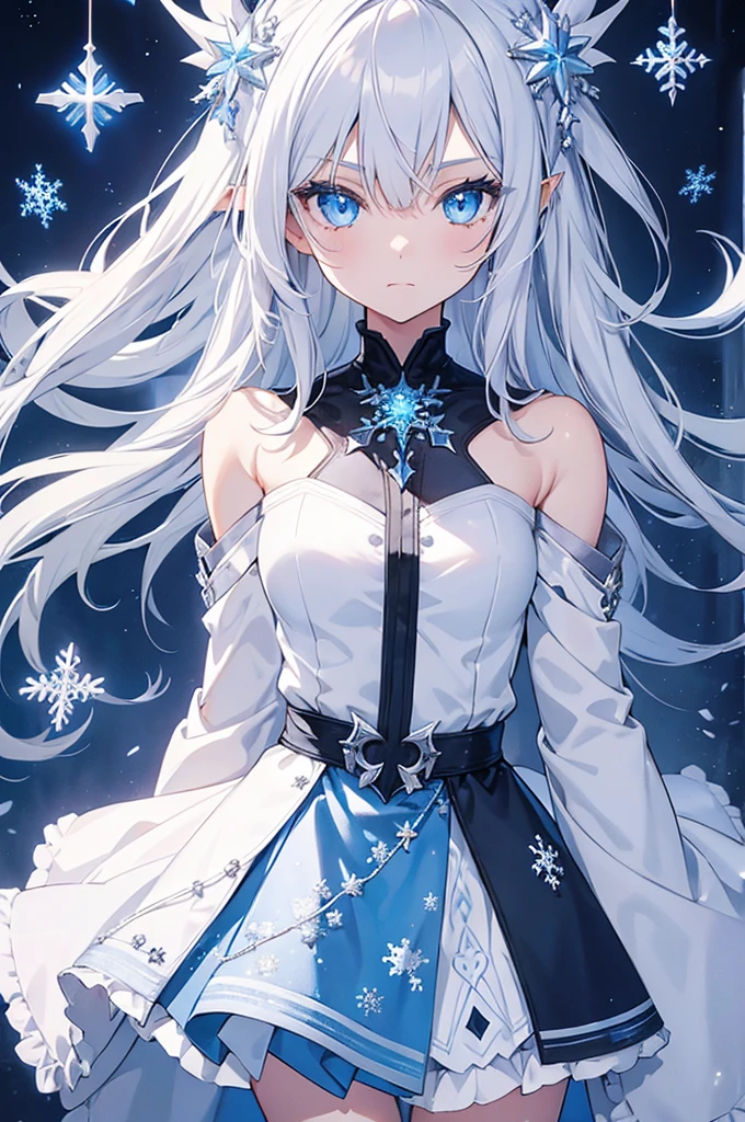 1 girl, silver hair, high elf，blue eyes, ice witch, cold, Ice fragments，Snowflake hair ornament，wallpaper, high contrast, colorful, anime style，whole body，light gray coat