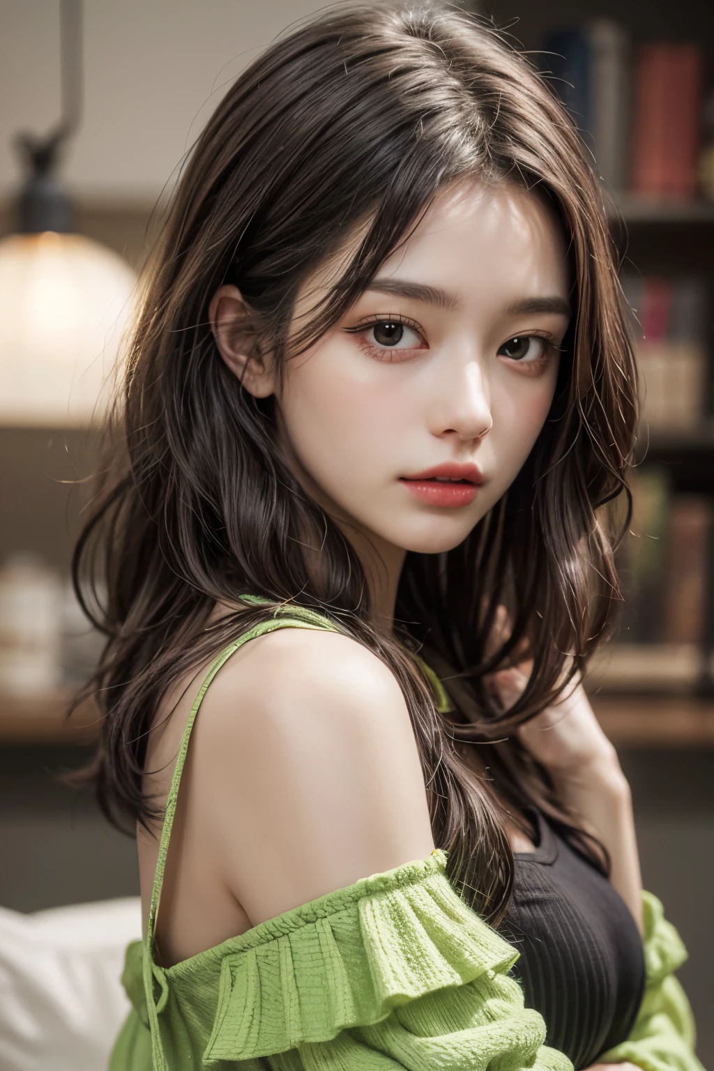 In detail, High resolution, In 8K、Brown Hair,Photorealism, Tabletop, Wavy Hair, Open your mouth, Very detailed, Off the shoulder,1 girl