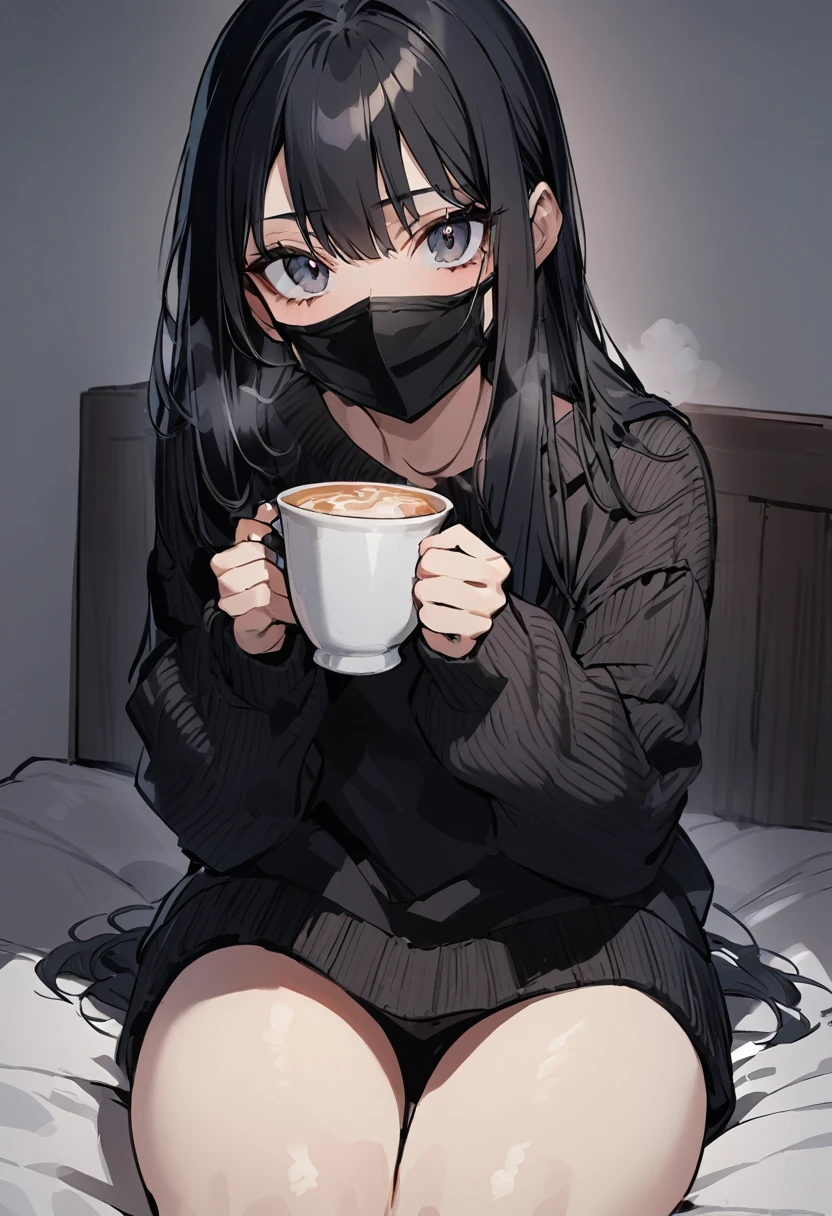 black hair, big black sweater, The F cup bust, black facemask in face, sitting on bed, staring at camera, 24 years old, sweater over her arms