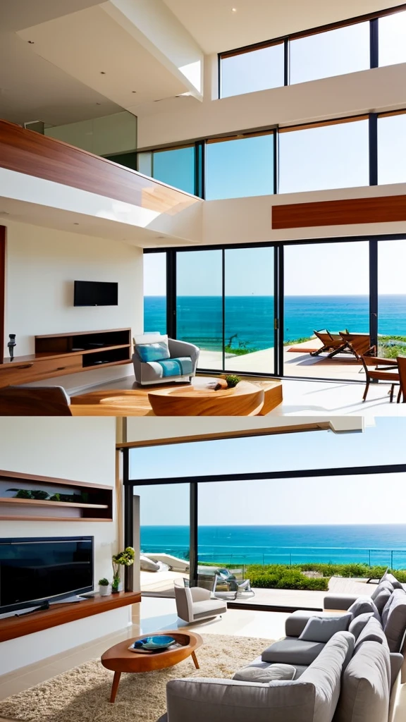 Living room of modern house with sea view 