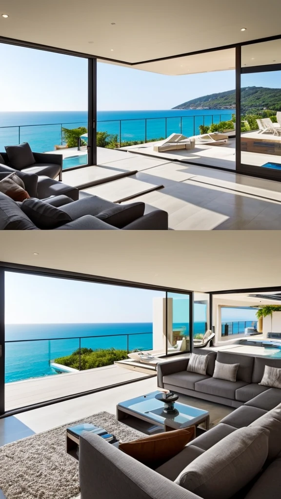 Living room of modern house with sea view