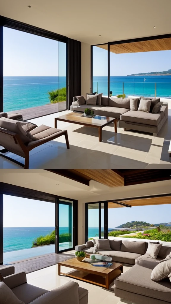 Living room of modern house with sea view