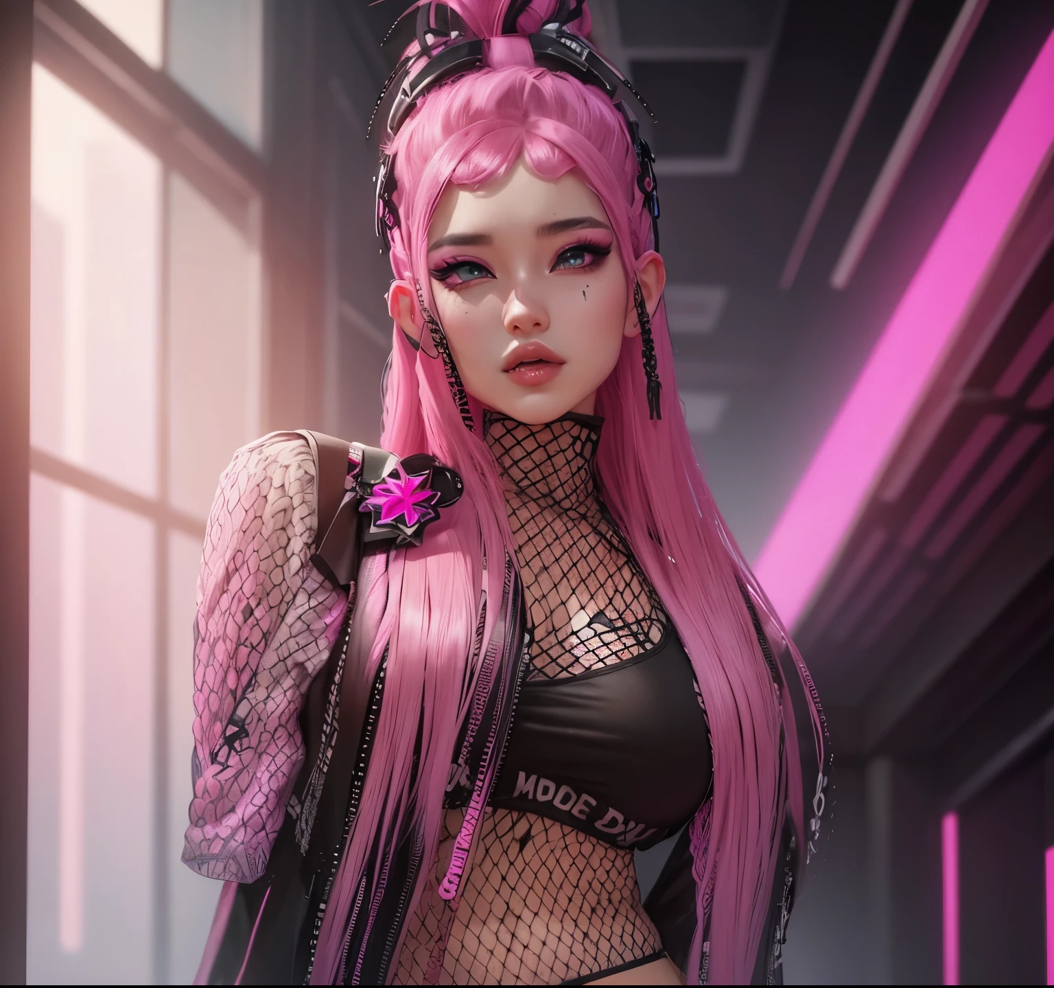 AVATAR SECOND LIFE Korean girl wearing black top, pink  hair, pink  hair, pink  hair, Asian, Perfect and detailed face, imvu, maximalist details, AVATAR SECOND LIFE Korean blusa , neon