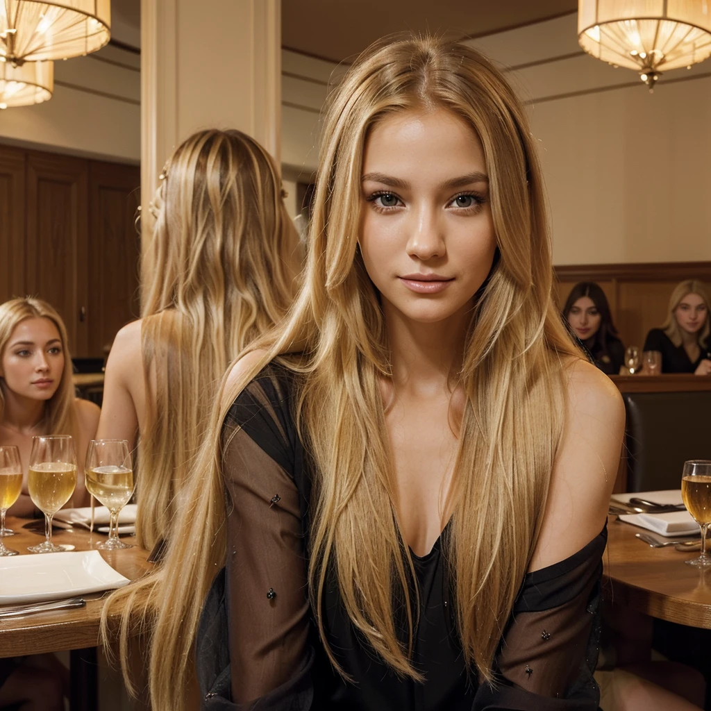 Vibrant and high-resolution portrait of a woman with impressive long blonde hair, straight stylized and falling right behind her shoulders. She has brown eyes. She is in a fancy restaurant, having lunch with some friends ((random characteristics of friends)) ((don't make friends with the same characteristic as her)) she has a unique beauty a calm and confident face, leave the image very realistic