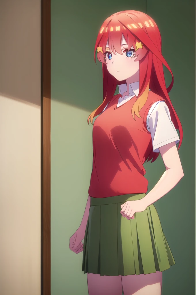 itsukinakano, Itsuki Nakano, hits, Blue eyes, hair between the eyes, He drowned, Red hair, Star \(Symbol\), hair ornament, Star hair ornament,
ROMPER skirt, shirt, , clavicle, white shirt, short sleeves, pleated skirt, socks, collared shirt, mini skirt, up to the knee, white socks, (green skirt:1.5), sweater vest, (red sweater vest:1.5),
break inside, classroom,
REST looking at the viewer, (cowboy shot:1.5),
BREAK (Masterpiece:1.2), Best Quality, high resolution, unity wallpaper 8k, (illustration:0.8), (Beautiful detailed eyes:1.6), extremely detailed face, perfect lighting, Extremely detailed CG, (perfect hands, perfect anatomy),