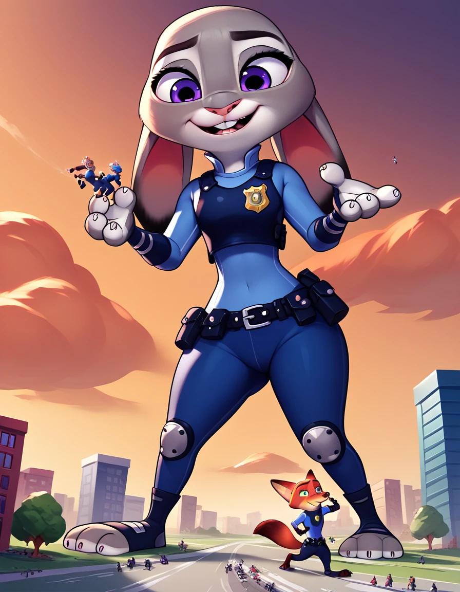 By disney pixar, 3d, ((duo)), by qupostuv35, (macro, judy hopps), female, zootopia, (Police uniform, pants), (break, Judy hopps / Nick Wilde), (micro nick wilde between Judy's thighs))
