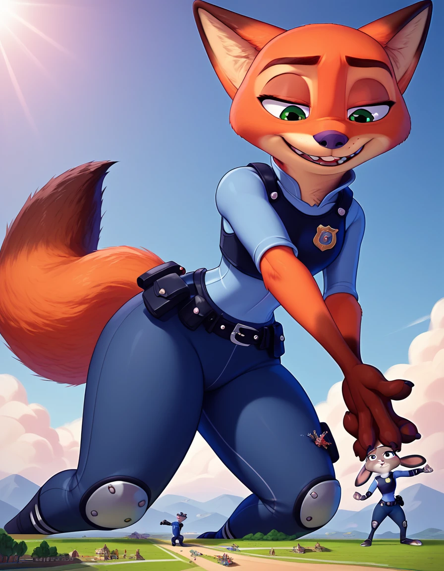By disney pixar, 3d, ((duo)), by qupostuv35, (macro, judy hopps), female, zootopia, (Police uniform, pants), (break, Judy hopps / Nick Wilde), (micro nick wilde between Judy's thighs))