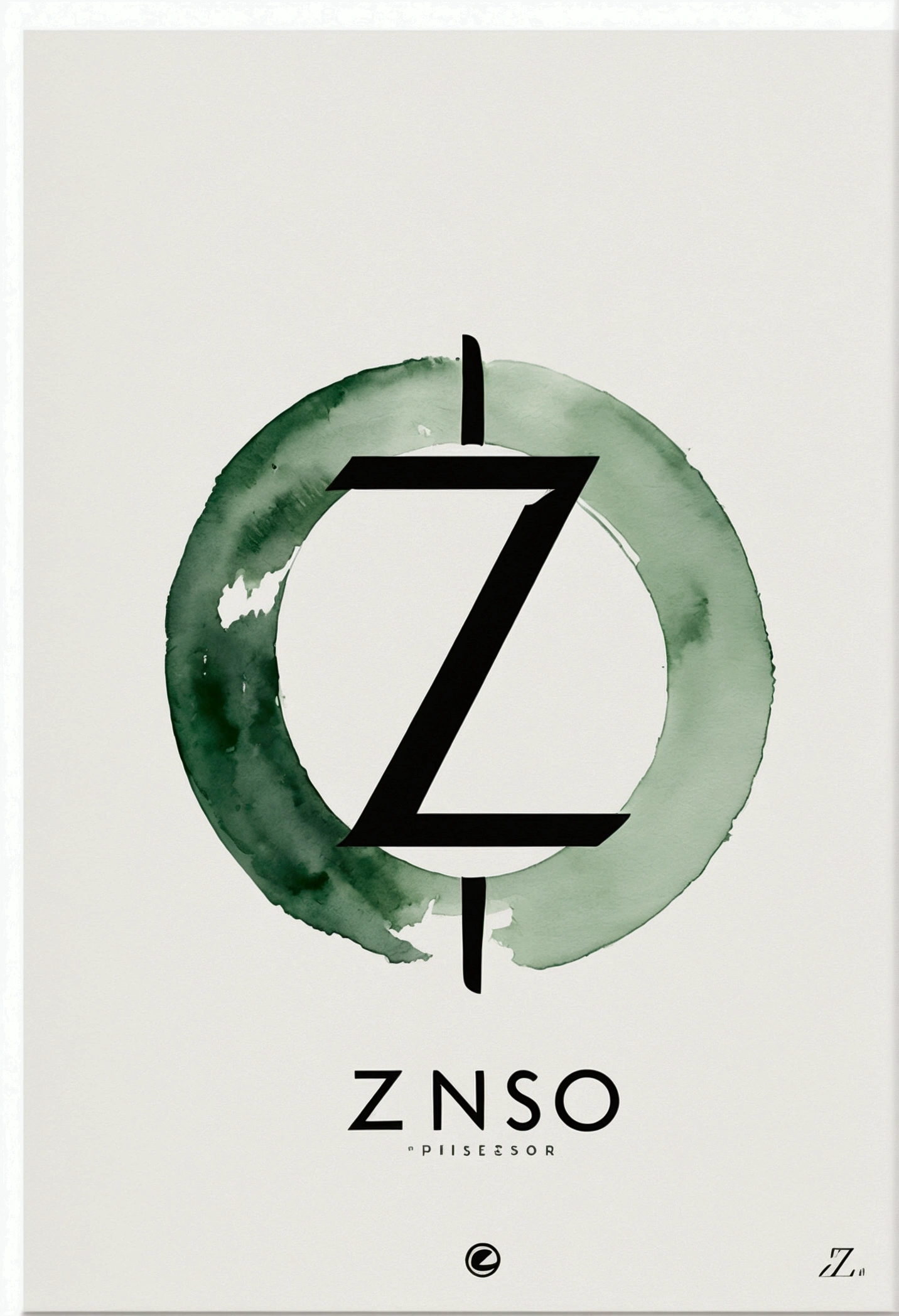 A minimalist zen circle (enso) with a small vault door or lock symbol inside the circle. The text 'Z' is written next to the circle in a clean, elegant font. The color scheme is black and white with a touch of soft green