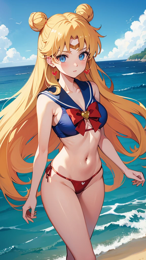 Sailor Moon anime character, adult woman, blond hair, blue eyes, long hair with two buns, heart-shaped face with a red bikini walking on the beach with the sea in the background 