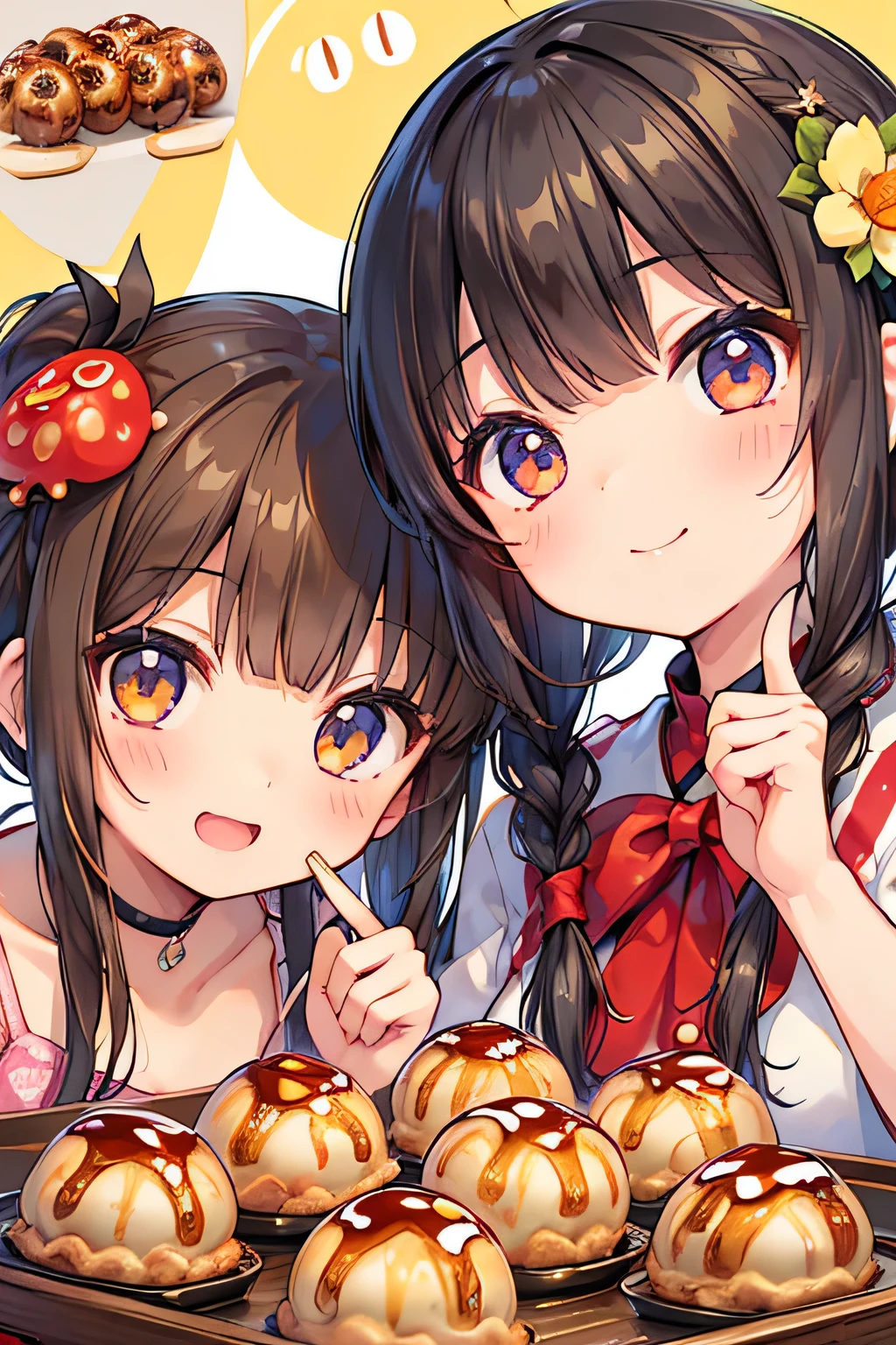 Highest quality、High resolution、Detailed Background、(Beautiful face in every detail:1.4)、Anatomically correct、(Hide your fingers:1.2)、(Detailed facial expressions)、Teenage beauty、Highly detailed face、Brown Hair、Black Hair、Braided Ponytail、Braided bob cut、Cute hairstyle、In a joking manner、A fun atmosphere、A big smile、smile、cute gesture、
(Girls enjoying takoyaki with friends at home:1.5)、
I feel excited and happy.、Enjoying takoyaki with friends、
A lively house after school、My friends came together、Let's all start preparing、
Put the takoyaki maker on the table、Choose your favorite ingredients、While talking happily、Let's all bake together、
Tomato Onion Bell pepper、Chiu, Mentaiko, Cheese、Second-rate々And the takoyaki is complete.、「delicious!」"、Add your favorite sauce、Let's all smile and stuff our cheeks、As the conversation flows、A fun time flows、cute