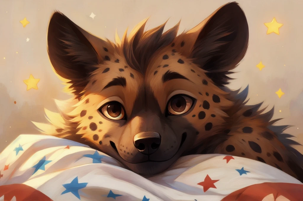 masterpiece,hyena,male,,Solitary,Delicate eyes,Brown eyes,cat,kitty,Pure white background,Cartoon style,Facing the camera,Smile,sleep,Covered with a blue quilt with a star pattern,Less details