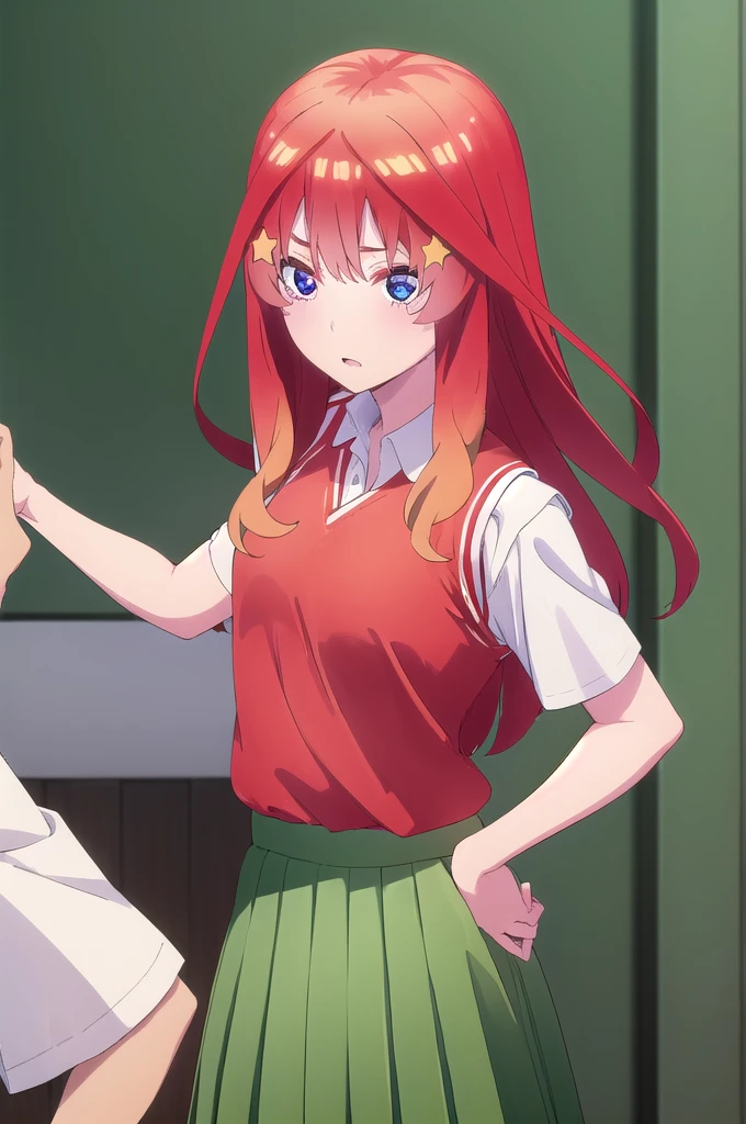 itsukinakano, Itsuki Nakano, hits, Blue eyes, hair between the eyes, He drowned, Red hair, Star \(Symbol\), hair ornament, Star hair ornament, ROMPER skirt, shirt, , clavicle, white shirt, short sleeves, pleated skirt, socks, collared shirt, mini skirt, up to the knee, white socks, (green skirt:1.5), sweater vest, (red sweater vest:1.5), break inside, classroom, REST looking at the viewer, (cowboy shot:1.5), BREAK (Masterpiece:1.2), Best Quality, high resolution, unity wallpaper 8k, (illustration:0.8), (Beautiful detailed eyes:1.6), extremely detailed face, perfect lighting, Extremely detailed CG, (perfect hands, perfect anatomy),