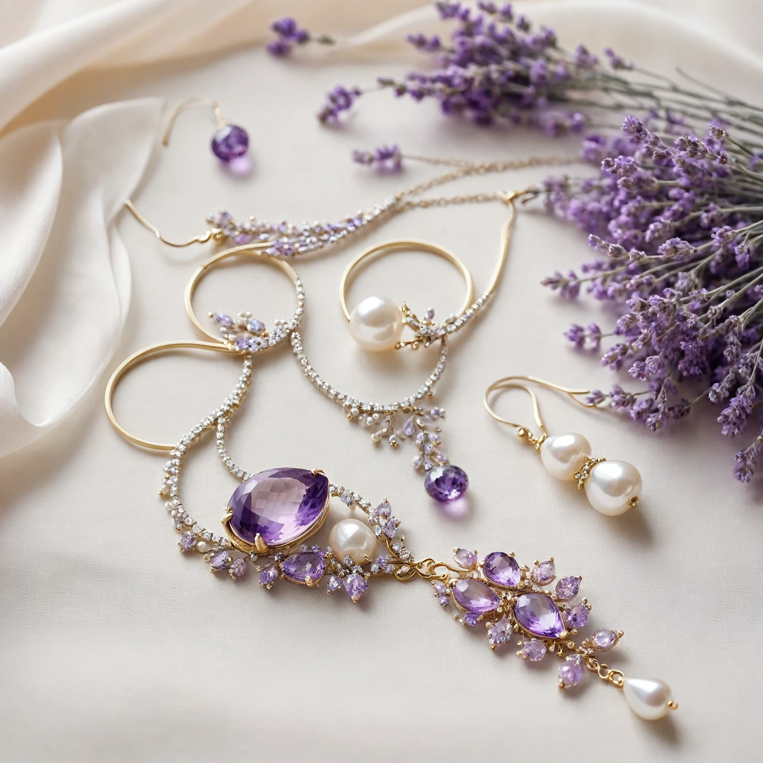 A close-up, cinematic photo of a collection of accessories designed for a romantic dream outfit. The centerpiece is a pair of cascading teardrop earrings crafted from faceted lavender sapphires. Delicate chains encrusted with tiny freshwater pearls hang beneath the sapphires. A single strand of freshwater pearls lies beside the earrings on a bed of soft white satin. A vintage-inspired silver ring adorned with a pear-shaped amethyst rests nearby. In the background, a delicate hairpiece made of dried lavender flowers and baby's breath sits upon a silver comb. The entire display is bathed in a warm, ethereal glow. Wispy strands of lavender chiffon can be seen at the edge of the frame.